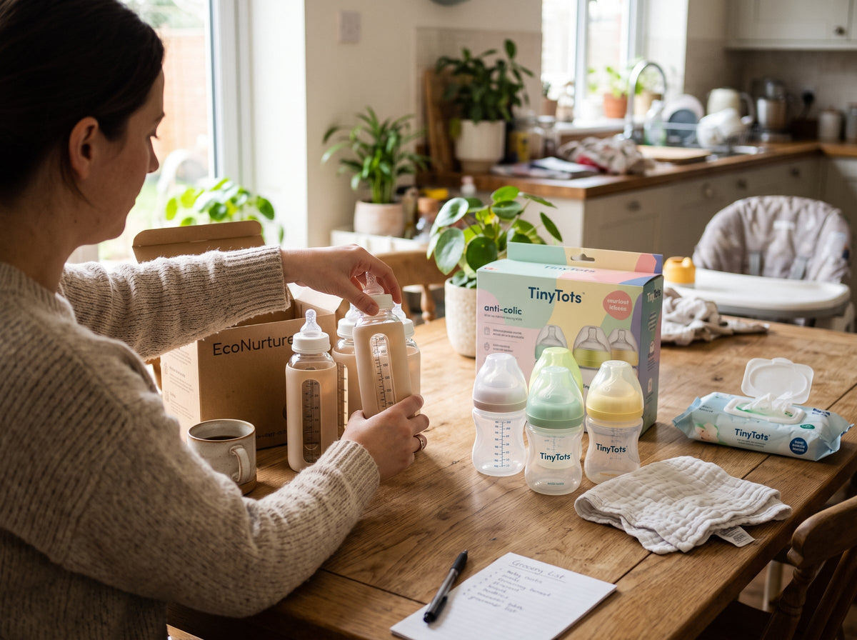 Parent comparing baby bottles and their parts at a sunlit dining table.
